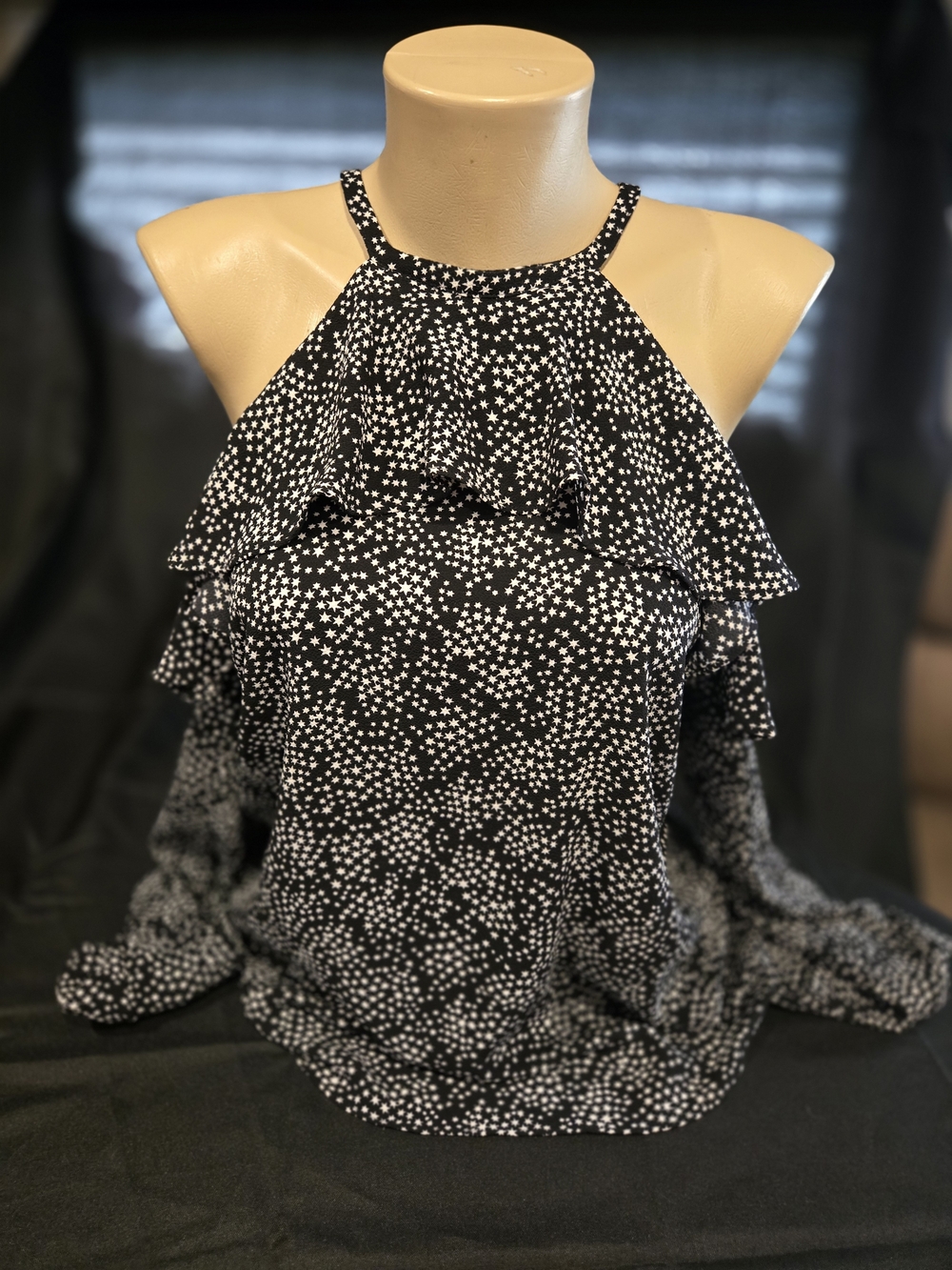 Michael Kors Black and White Star Ruffle Cold-Shoulder Top